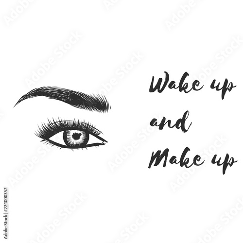 Lady stylish eye and brows with full lashes. Illustration with woman's eye wink, eyebrows and eyelashes. Makeup Look. Tattoo design. Logo for brow bar or lash salon