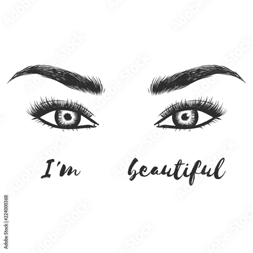 Beauty lash and brow studio logo. Typography poster. Eye, eyebrow and long eyelashes. Vector illustration for gift card. Black on white background. For beauty salon, lash extensions maker, brow master