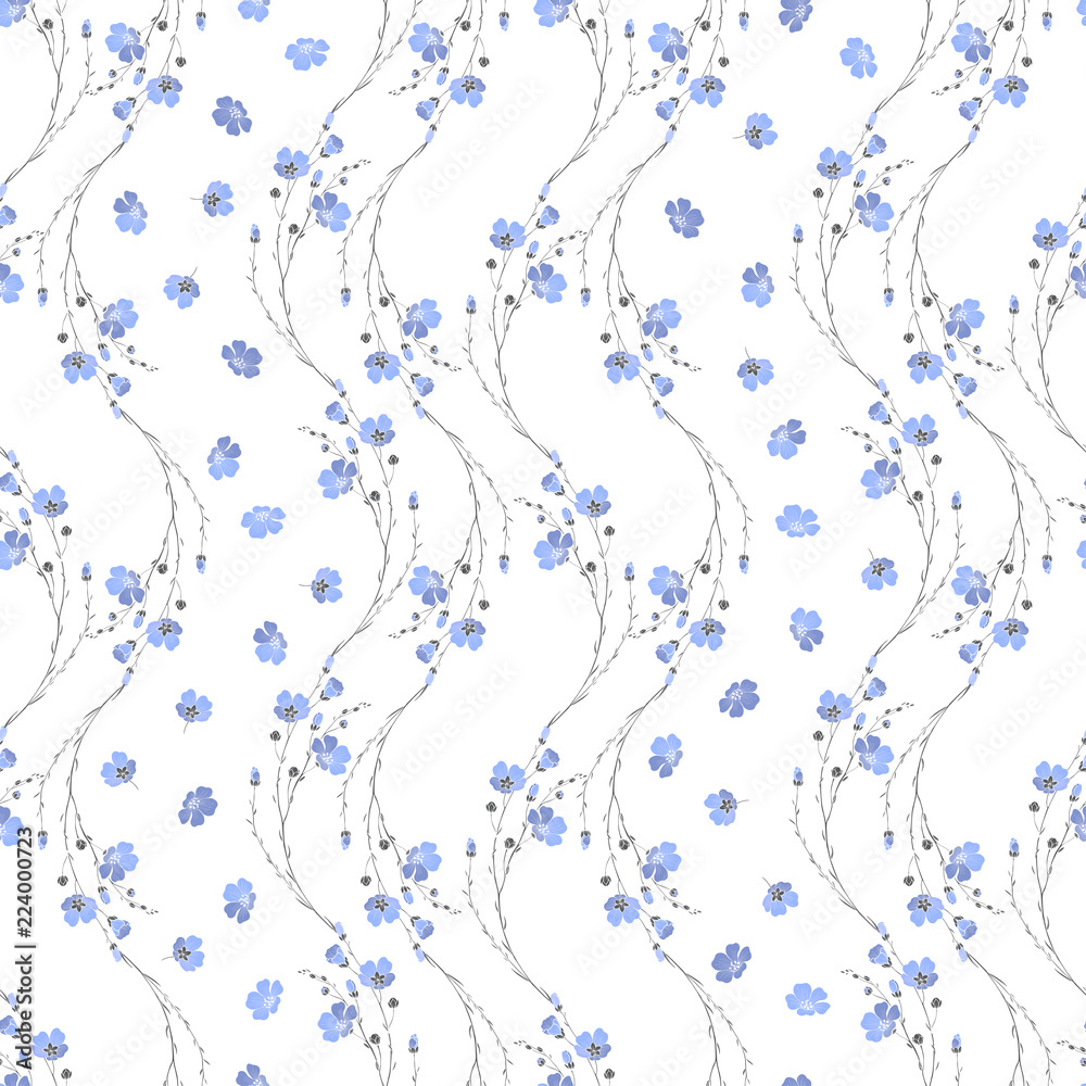 Floral seamless pattern of flax plant with flowers and buds on a white background. Floral seamless pattern of flax plant with flowers and buds on a white background.