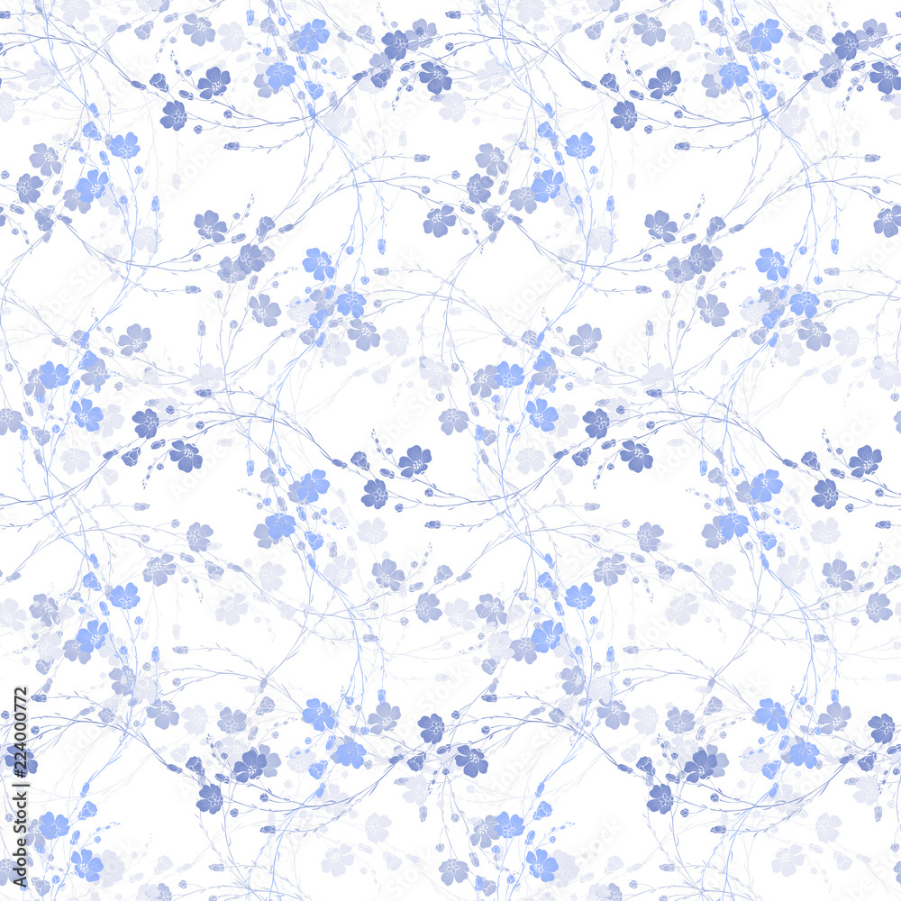 Floral seamless pattern of flax plant with flowers and buds on a white background. Monochrome illustration.