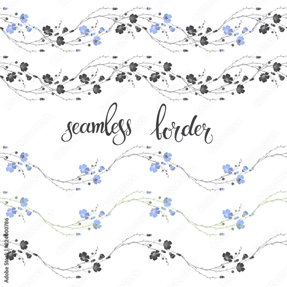 Floral seamless borders of flax plant with flowers and buds on a white background.  Five different variants.