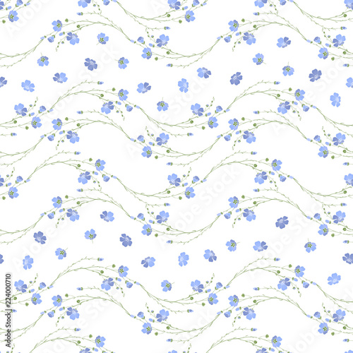 Floral seamless pattern of flax plant with flowers and buds on a white background.