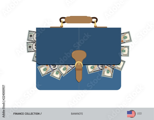 Leather briefcase with 100 US Dollar Banknotes. Flat style vector illustration. Salary payout or corruption concept.