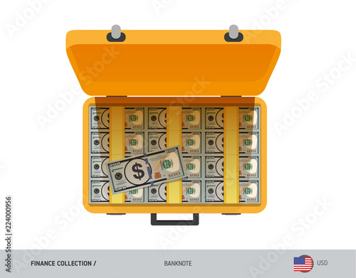 Yellow case with 100 US Dollar Banknotes. Flat style vector illustration. Salary payout or corruption concept.