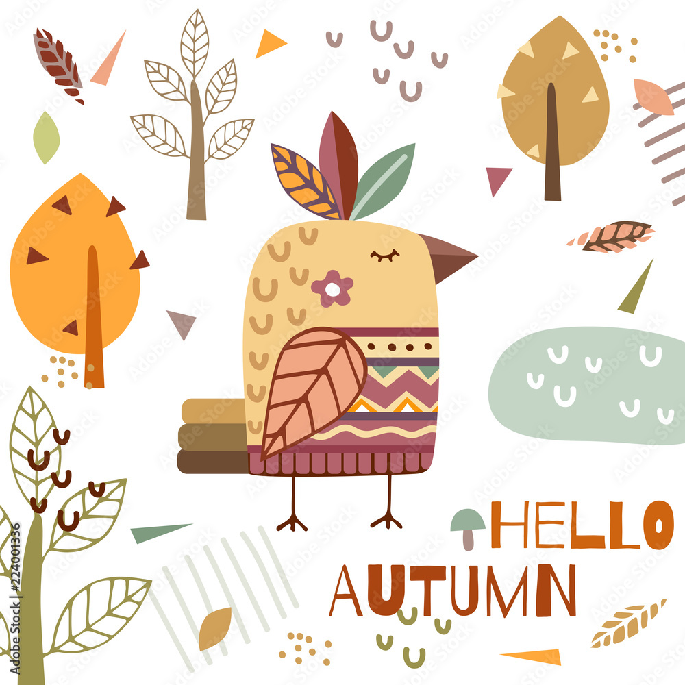 Fototapeta premium Autumnal forest poster. Funny native bird vector illustration