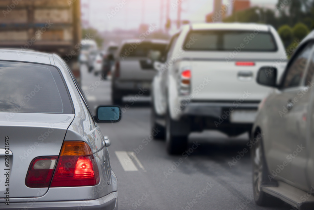 Car break on the road.Traffic jam with Cars runs in rush hour at Rayong Thailand.