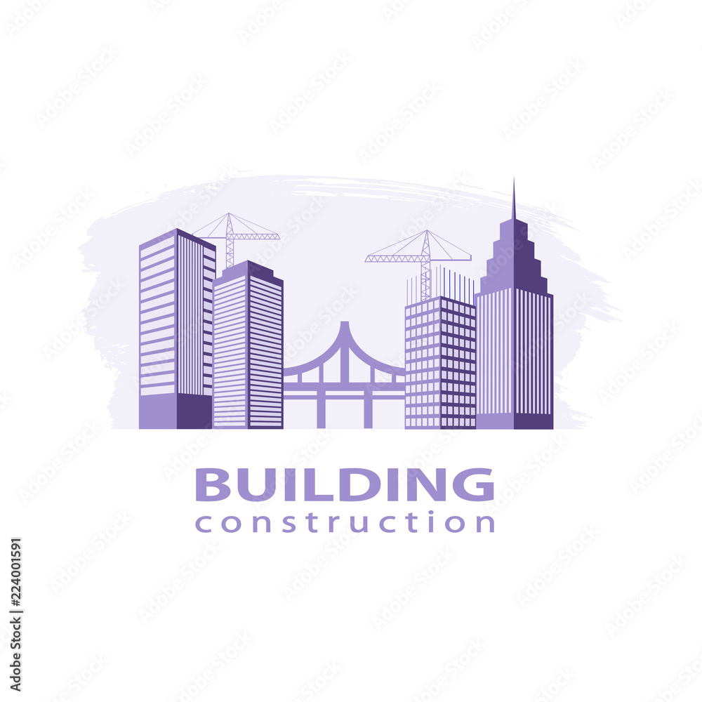 Construction working industry concept. Building construction logo in violet.  High-rise buildings, bridge, construction cranes on brush stroke background. Stock vector. Vector illustration EPS10.