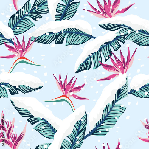 Snowy composition from blue tropical banana leaves