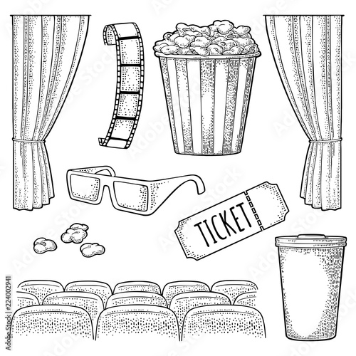 Cinema set. Vector engraving vintage black illustration.