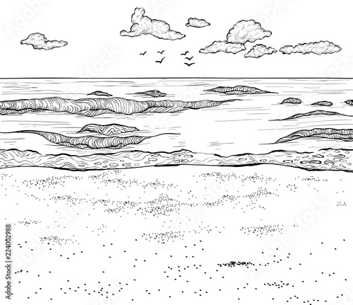 Sketch of sandy beach and wavy sea.