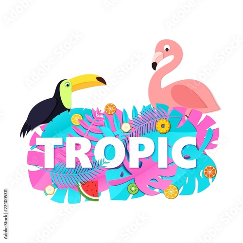 Word TROPIC composition with creative pink blue jungle leaves fruits toucan flamingo on white background in paper cut style. White letters for banner, flyer T-shirt printing. Vector illustration