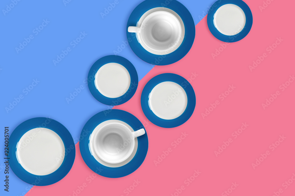 Set of empty ceramic tableware bowls, isolated on pastel background. Flat lay, Top view. Muck up with copy space minimal style. Set of empty ceramic tableware bowls, isolated on pastel background. Flat lay, Top view. Muck up with copy space minimal style.