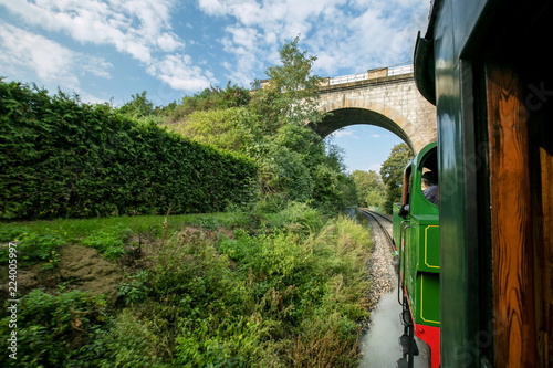 A view from window of wooden railway car of countryside, trees and grass along railway track, green and red steam engine riding through a valley under stone bridge, Czech Republic, Europe photo