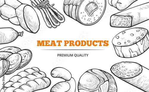 Natural sausages and meat product line art banner