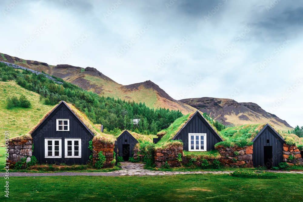 Traditional houses with grass on roof in Iceland. Landscape photography - obrazy, fototapety, plakaty 