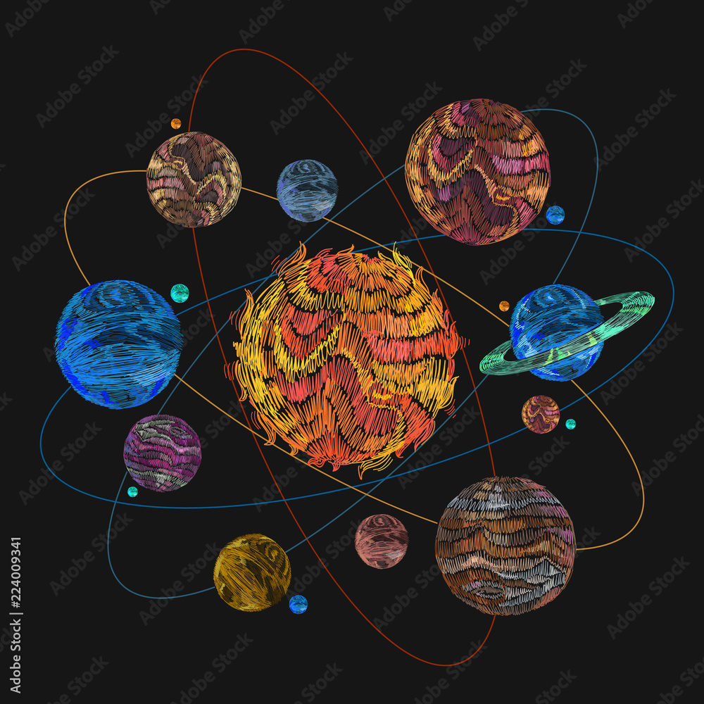Fototapeta premium Fashionable embroidery universe solar system and planets in space, template clothes, t-shirt design, print
