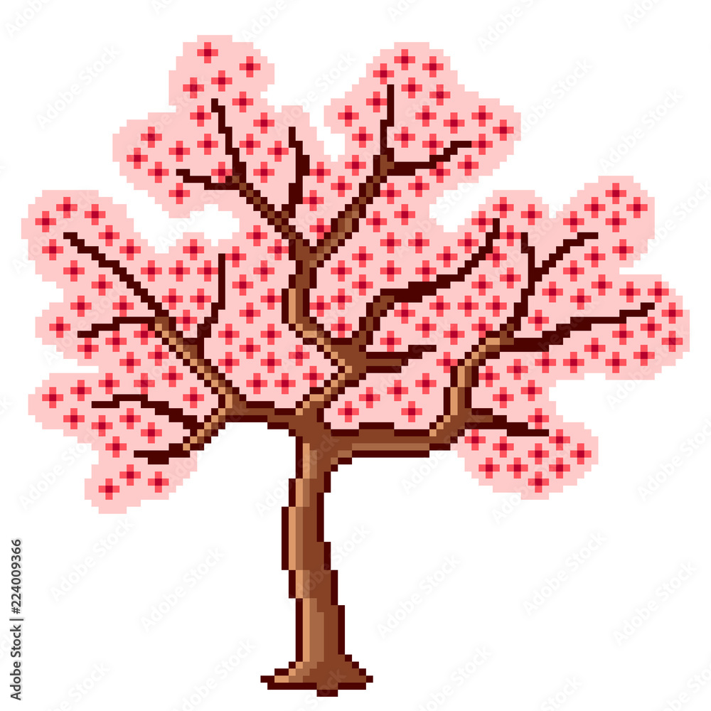 Fototapeta premium Pixel art sakura tree detailed isolated vector