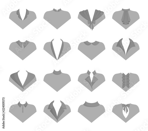 Different models of collars. Patterns of clothing with examples of different collars. Vector.
