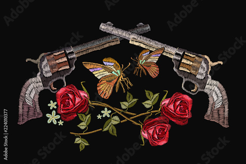 Classical embroidery revolvers and spring roses and tropical butterfly. Symbol of romanticism and crime. Embroidery crossed guns, butterfly and roses. Template for clothes, textiles, t-shirt design