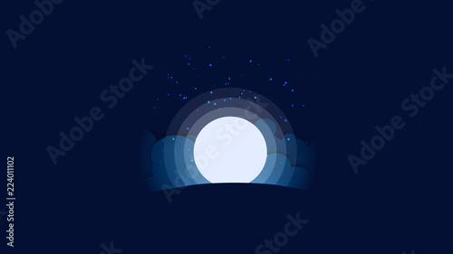 Illustration of glowing moon with star and mountain in front
