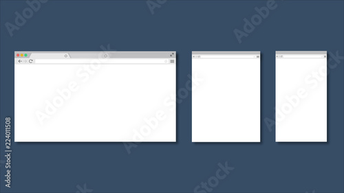 Set of Flat blank browser windows for different devices. Computer, tablet, phone sizes. Device Icons: smart phone, tablet and desktop computer. Illustration of responsive web design.