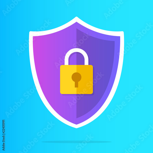 Shield and lock icon. Security, protection, safety, privacy concepts. Shield icon and padlock. Modern vector illustration