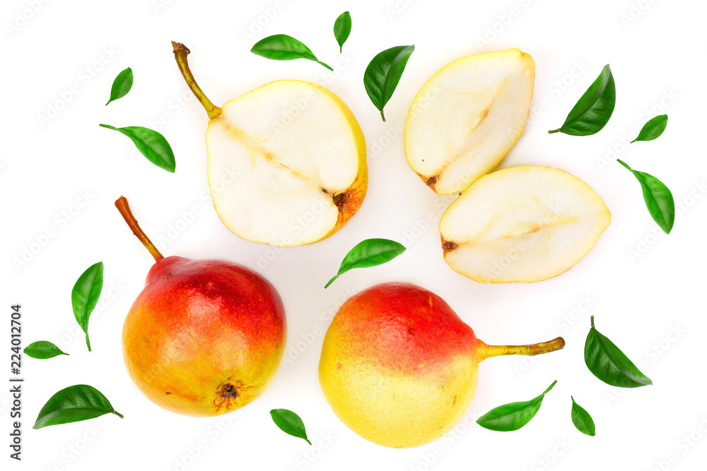 ripe red yellow pear fruits isolated on white background. Top view. Flat lay pattern ripe red yellow pear fruits isolated on white background. Top view. Flat lay pattern