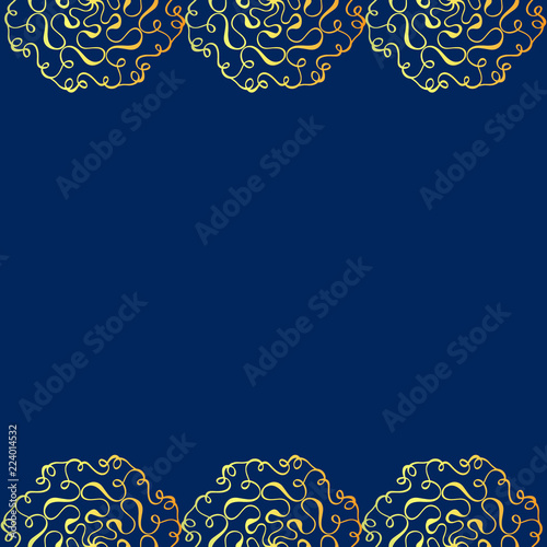 Hand drawn Oriental gold traditional ornament on blue background. Endless horizontal border for design, postcards, print, poster, party, vintage textile, greeting card, invitation, party. Vector.