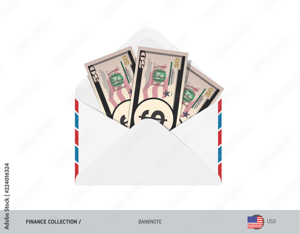 50 US Dollar Banknotes in envelope. Flat style opened white envelope with cash. Salary payout or corruption concept. 50 US Dollar Banknotes in envelope. Flat style opened white envelope with cash. Salary payout or corruption concept.