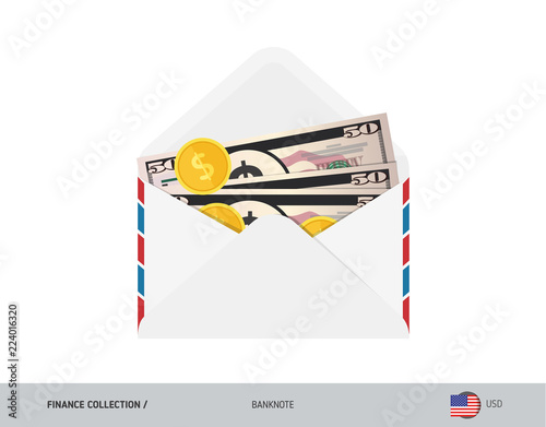 50 US Dollar Banknote. Flat style opened envelope with cash. Dollar banknotes and coins. Salary payout or corruption concept.