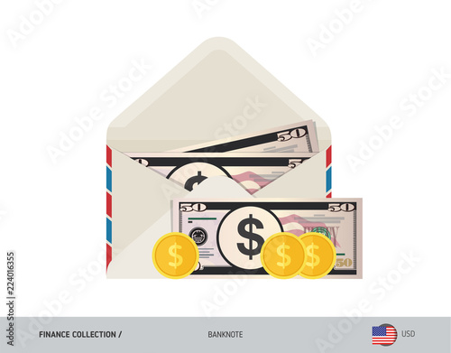 50 US Dollar Banknote. Flat style opened envelope with cash. Dollar banknotes and coins. Salary payout or corruption concept.