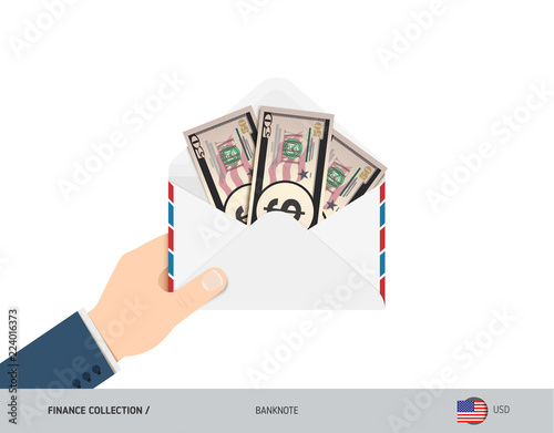 50 US Dollar Banknotes in envelope hold in hand. Flat style opened white envelope with cash. Salary payout or corruption concept.