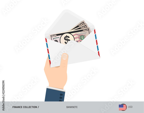 50 US Dollar Banknotes in envelope hold in hand. Flat style opened white envelope with cash. Salary payout or corruption concept.