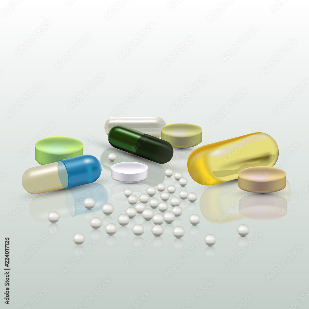 Realistic 3d pills. Pharmacy, antibiotic, vitamins, tablet, capsule. Medicine. Vector illustration of the Tablets and Drugs.