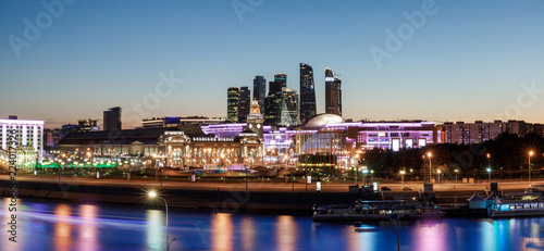 panorama of Moscow  Kievskiy railway station and and skyscrapers  beautiful Moscow river  traffic along the river and the embankment