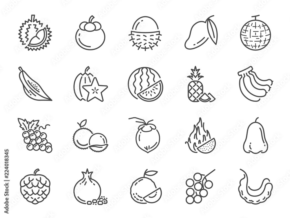 Tropical fruit icon set. Included icons as durian, mango, banana ...