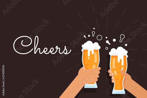 Two hands holding beer glasses. Concept of Beer Festival. Flat vector illustration.