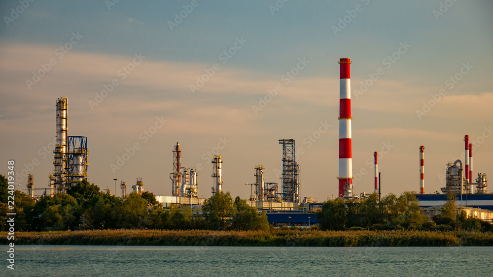 River and oil refinery factory in Gdansk, Poland.