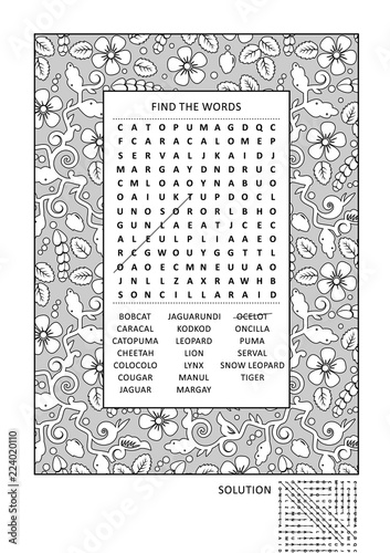 Photography Puzzle and coloring activity page with wild cats word search puzzle (English) and wide decorative frame to color