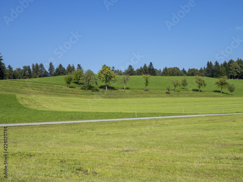 Paysages champêtres de Bavière. Vues sur les collines, prairies verdoyantes et pâturages autour du village de Hundham dans la vallée du Leitzach au pied du Schwarzenberg. photo