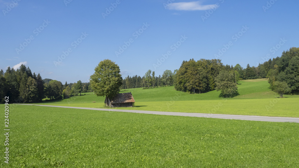 Paysages champêtres de Bavière. Vues sur les collines, prairies verdoyantes et pâturages autour du village de Hundham dans la vallée du Leitzach au pied du Schwarzenberg. Paysages champêtres de Bavière. Vues sur les collines, prairies verdoyantes et pâturages autour du village de Hundham dans la vallée du Leitzach au pied du Schwarzenberg.