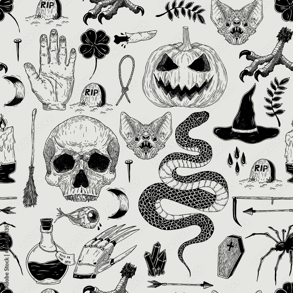 Vector seamless hand drawn vintage Halloween pattern with pumpkin, skull, snake, witch, grave, bat. Creepy decoration for paper, textile, wrapping decoration, scrap-booking, t-shirt, cards.