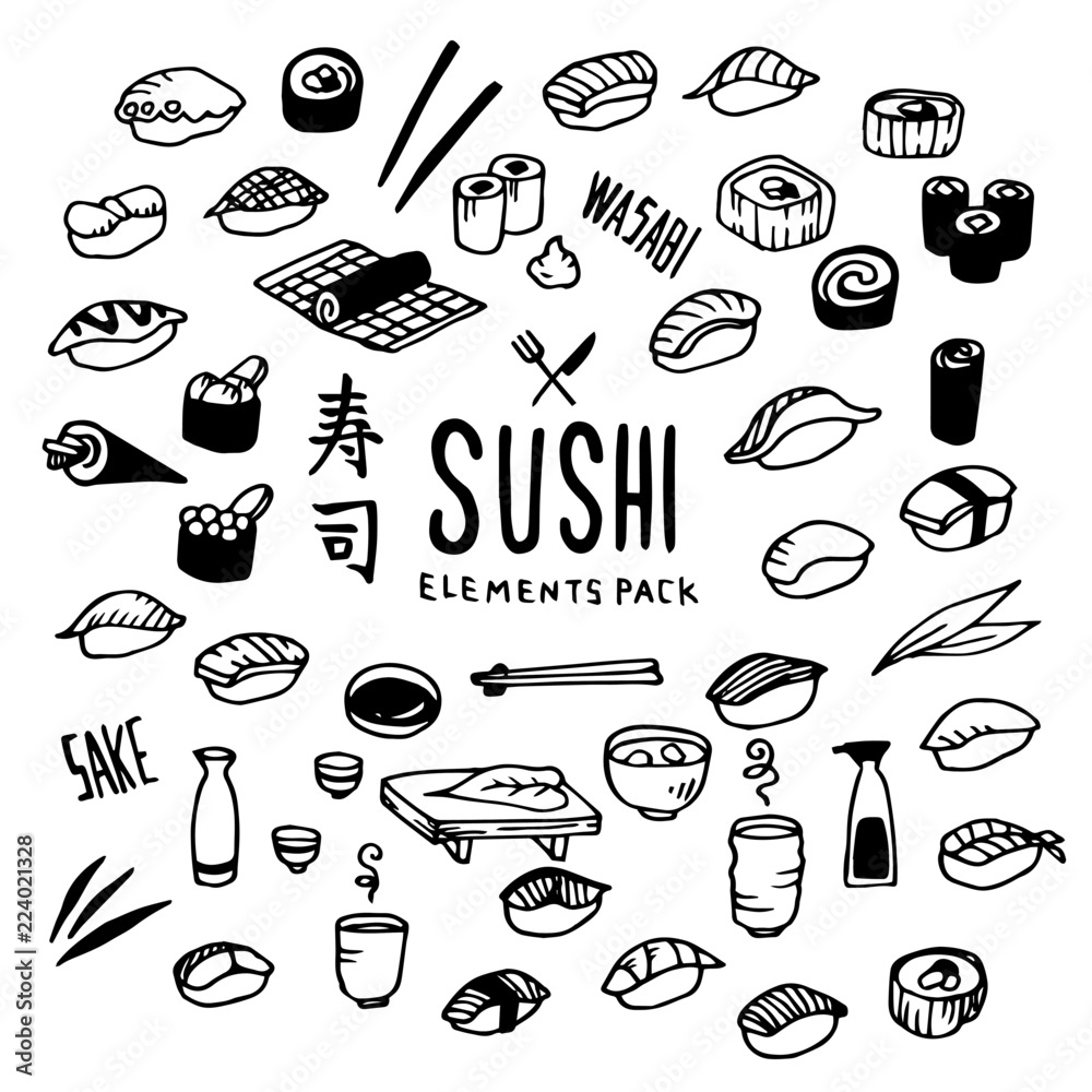 Sushi Illustration Pack (Elements)/Japanese,Japan,Food/Doodle Clip Art/Hand Drawn