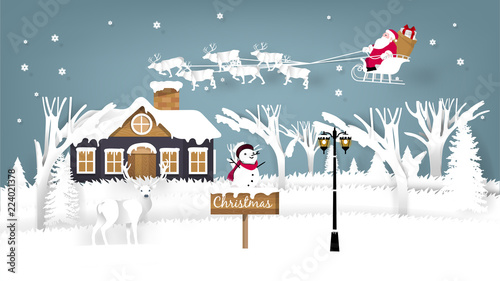 illustration vector of Christmas and New Year, illustration of Santa Claus in the sky above the house ,paper art and craft style design concept of christmas and new year