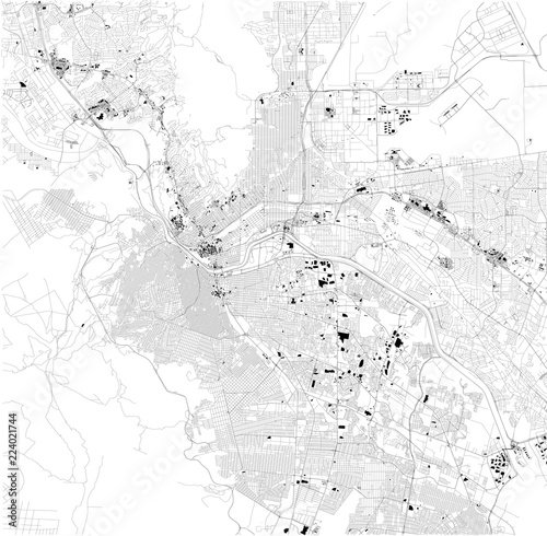 Cartina di El Paso, Ciudad Juarez, vista satellitare, mappa in bianco e nero. Stradario e mappa della città. Texas. Stati Uniti, Messico. Muro e confine photo