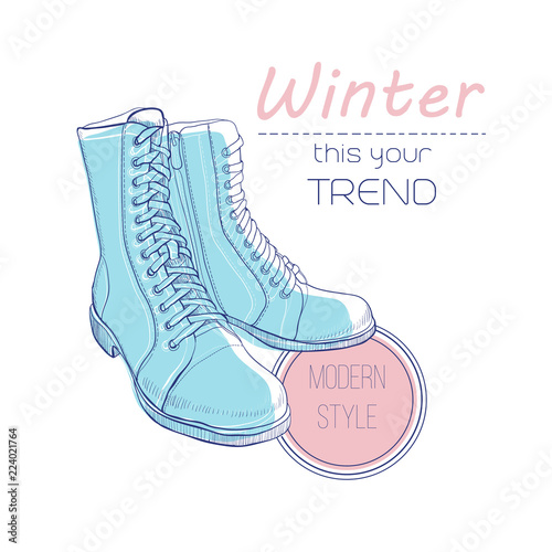 boots shoes for winter. Poster Retro style. Design flyer with vintage hand-drawn illustrations.