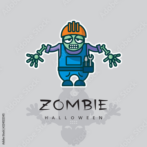 Zombie worker with helmet and skeleton hand - vector cartoon character. Cute graphic illustration of unusual workman - funny icon, original concept of Halloween.