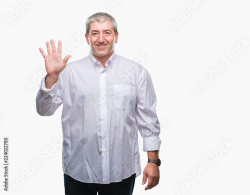 Handsome senior man over isolated background showing and pointing up with fingers number five while smiling confident and happy.