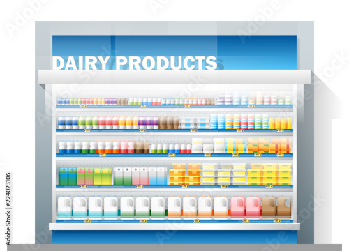 Dairy products for sale display on shelf in supermarket , vector , illustration