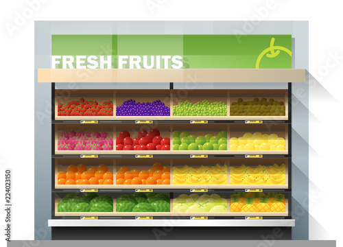 Fresh fruits for sale display on shelf in supermarket , vector , illustration